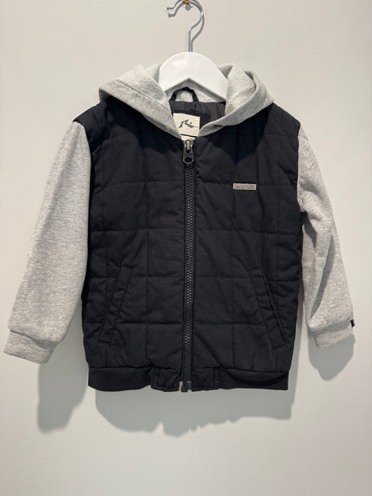 Rusty Boys’ Black Puffer Jacket with Grey Sleeves – Size 4